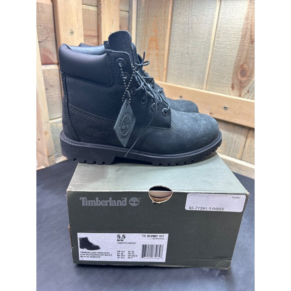 Timberland Premium 6" Waterproof Black Nubuck Boots Juniors Size 5.5